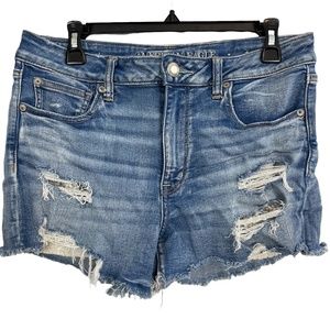 AMERICAN EAGLE HI-RISE SHORTIE Distressed Cut Off Raw Hem Denim Jean Shorts 12